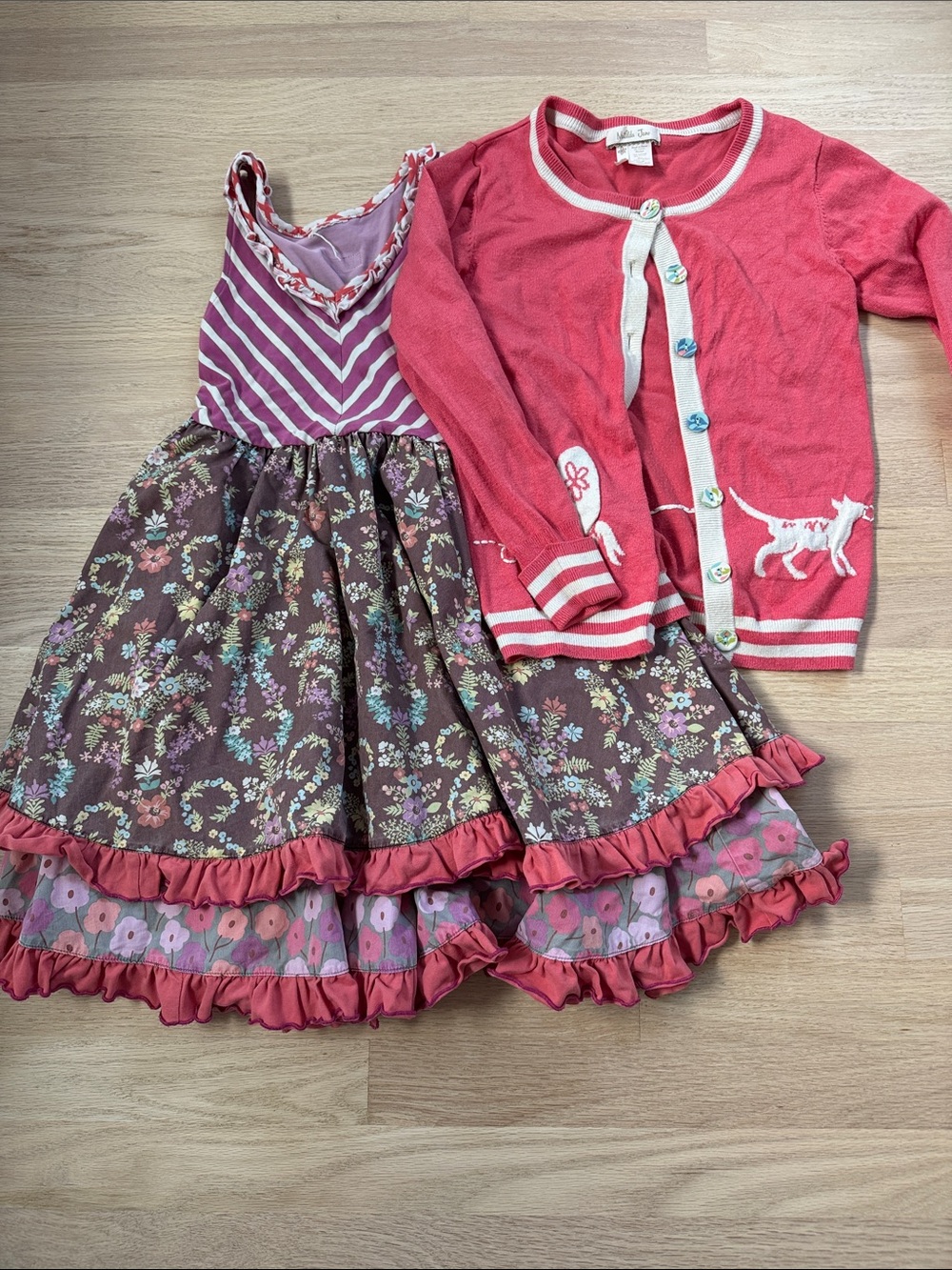Matilda Jane Pink & Brown Floral Ruffle Dress with Pink/Salmon Colored  Cardigan